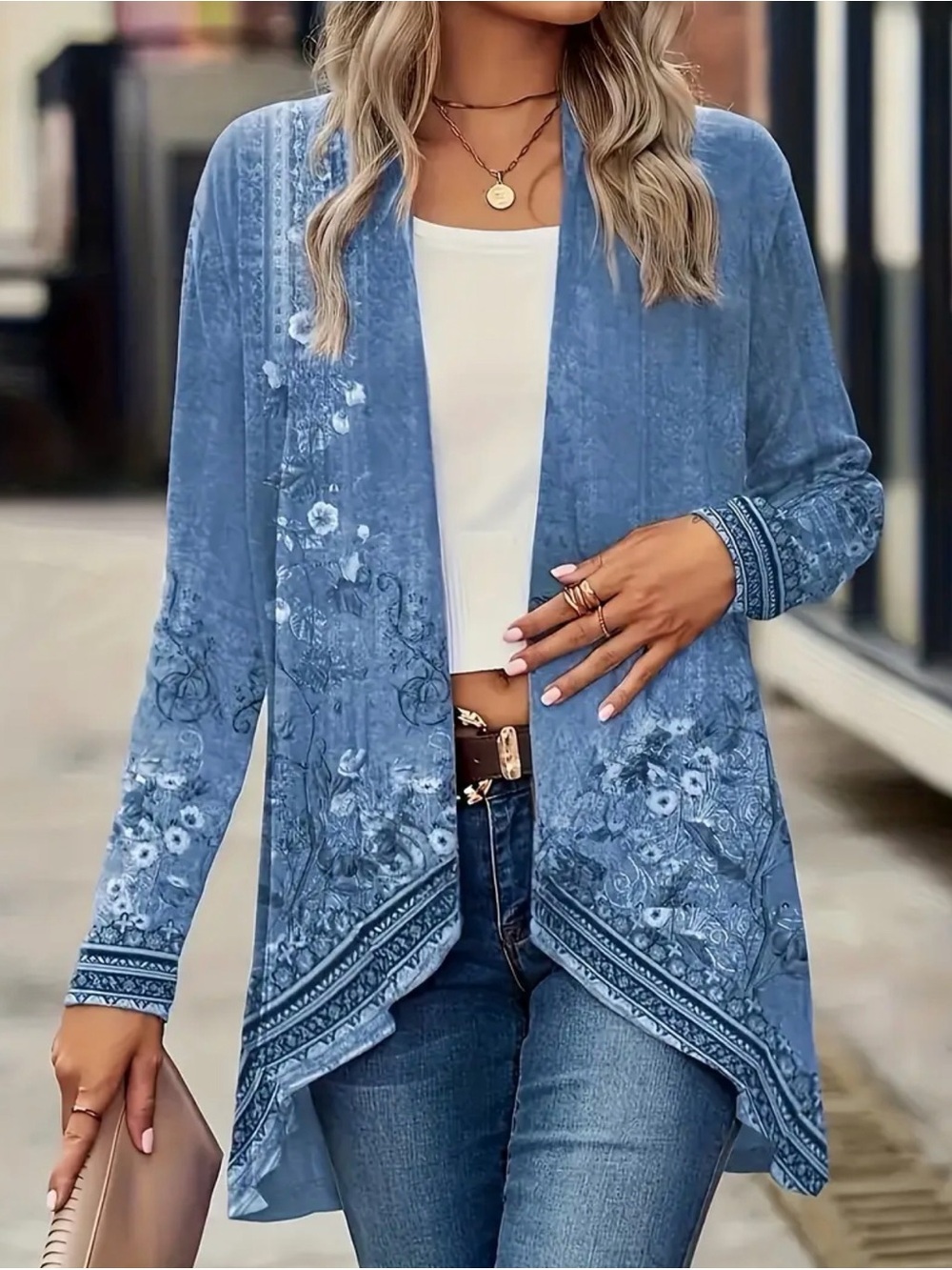 Blue Floral Boho Open Front Cardigan Lightweight Long Sleeve Kimono